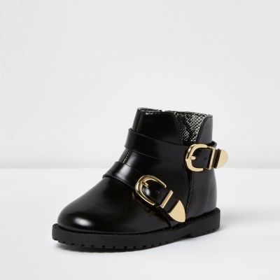Mini girls black patent double buckle boots